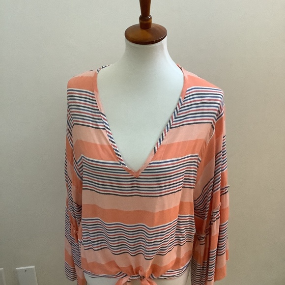 Lavender Field Boho Festival Tie Front Stripe NWT Stripe Multi Bell Sleeves - Picture 1 of 6